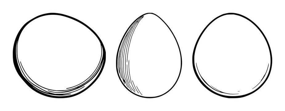 Egg set with bold black line art on pure white background featuring egg silhouette, minimalist illustration, simple outline with white space and black stroke