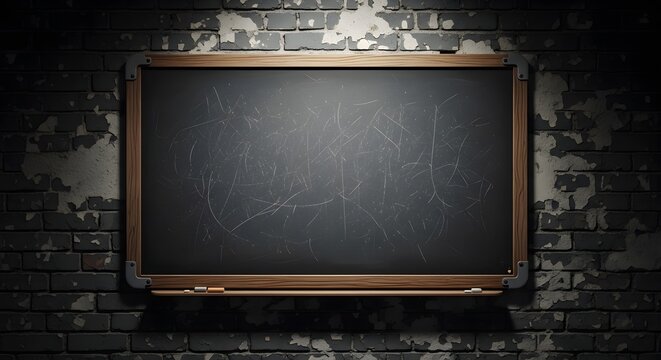 Scratch marks on a blackboard with wooden frame against a brick wall