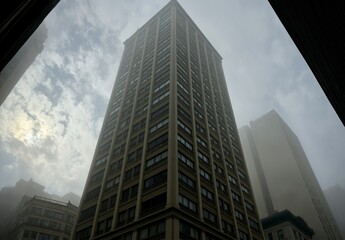 Fototapeta premium Tall urban skyscraper partially obscured by thick fog and heavy mist