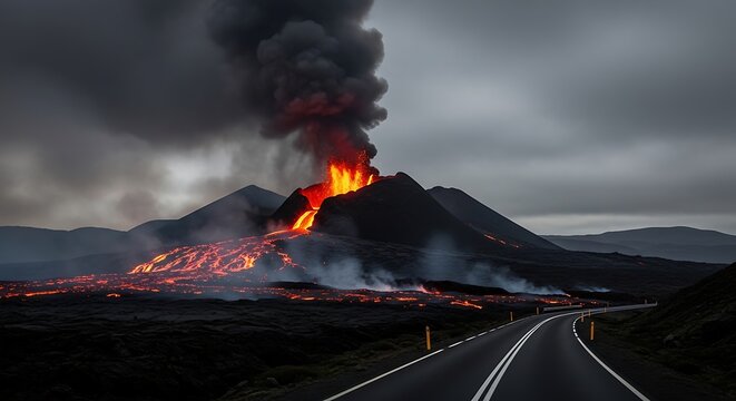 A volcanic eruption, lava flows down the mountain, road in foreground, under a grey sky