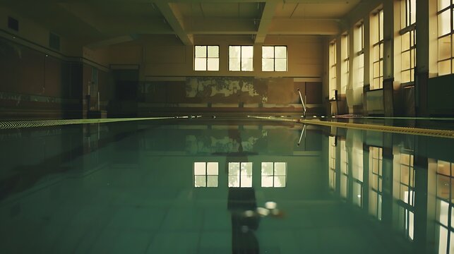 Abandoned indoor swimming pool with calm still water reflecting the bright sunlight coming through large windows inside a derelict building showing signs of past decay