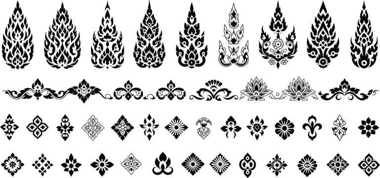 Thai decoration elements design collection, ornamental floral motifs corner designs and traditional Thai pattern borders for cultural and artistic graphic design.