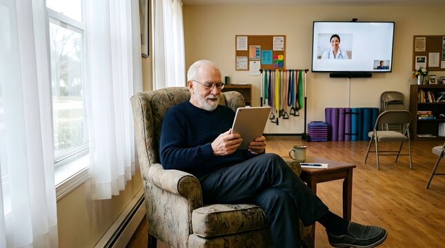 Senior man sitting in armchair using digital tablet at home