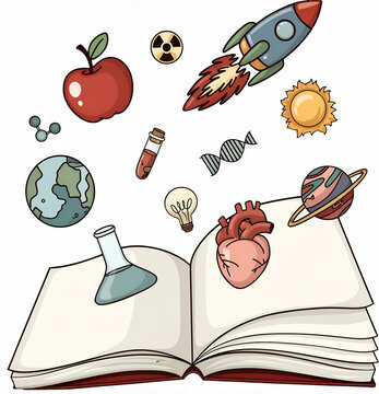 Open Book with Science and Astronomy Symbols