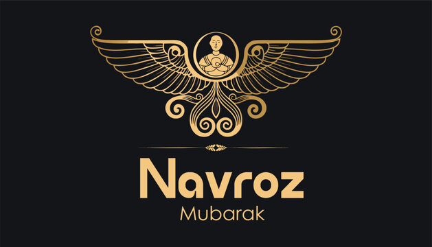 Navroz Mubarak golden emblem featuring stylized bird with human face in circular frame and ornate wings on black