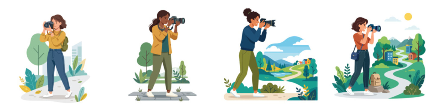 Flat vector illustration set of someone taking photos with a camera, clean and modern design, no outline, white background