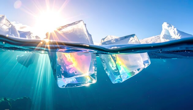 Icebergs float in clear blue water, sun rays shining through, refracts light