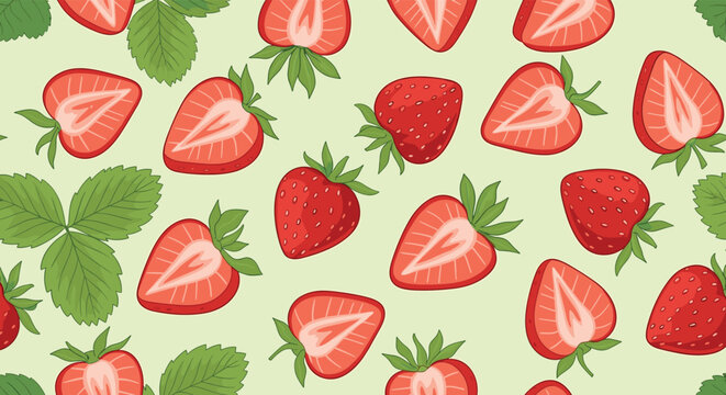 Vibrant seamless pattern features whole and half cut strawberries with green leaves scattered across a light green background for food designs.