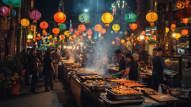 Bustling outdoor night market with colorful paper lanterns and street food stalls