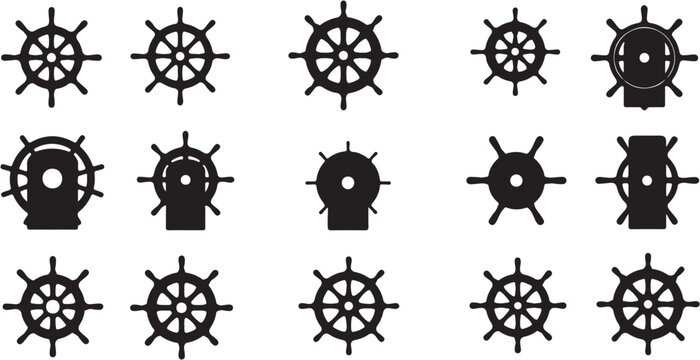 Collection of ship steering wheels.