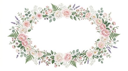 Fototapeta premium Watercolor floral wreath with pink roses and lavender, elegant flower frame for wedding invitations, botanical border on white background