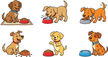 Fototapeta premium Cute Puppy Vector Set with Playful Pups Eating, Drinking, and Interacting with Food Bowls for Pet, Animal, and Fun Illustrations.