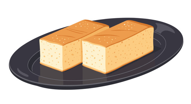 Illustration of two rectangular slices of golden brown sponge cake, known as castella, served on a dark oval plate.