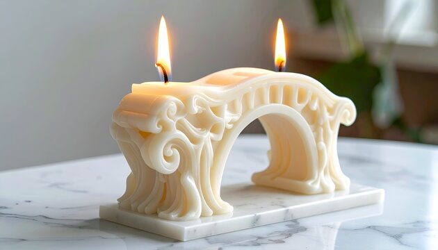 Ornate cream wax candle bridge with two burning wicks atop a marble base