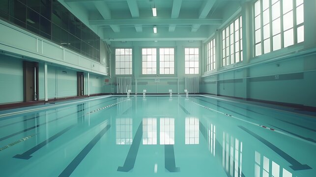 Large indoor swimming pool facility featuring crystal clear water and multiple starting blocks for competitive athletes inside a spacious building with bright natural light from windows