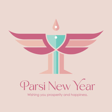 Parsi New Year greeting card wishing prosperity and happiness, featuring a colorful abstract winged figure in pink and teal