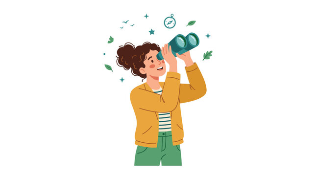 A curious person observes the environment through blue binoculars while surrounded by floating decorative icons like leaves and a compass on white.
