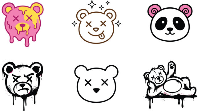 Edgy Bear Character Vector Set with Graffiti-Inspired Bears, Panda, Melting Bear, X-Eyed Bears, and Relaxing Designs for Urban, Street Art, and Modern Illustrations.