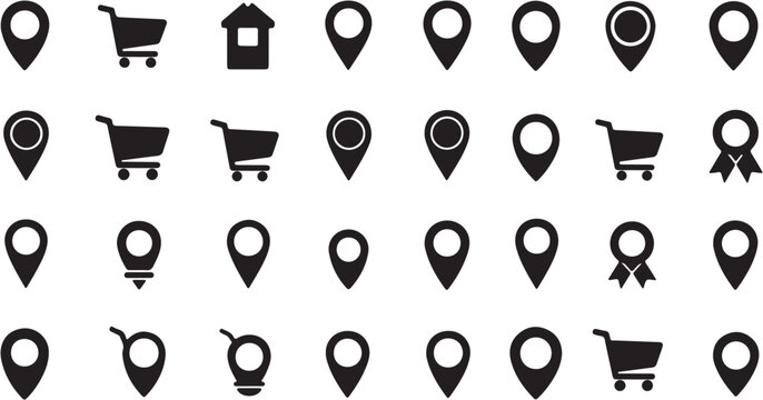 Black icons of shopping and location.