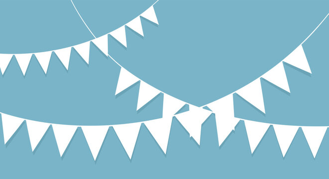 Simple white bunting banner flags hanging in multiple rows across a soft blue sky for party or celebration decorations.