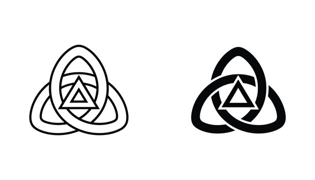 Trinity knot symbol icon in outline and solid black style for celtic heritage or spiritual graphic design elements