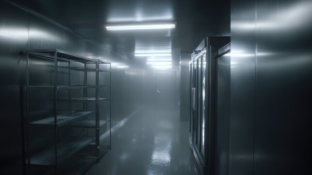 Industrial facility featuring a walk in freezer with metal shelving and glass refrigerators, illuminated by fluorescent lights and filled with a coolmist creating an aseptic environment