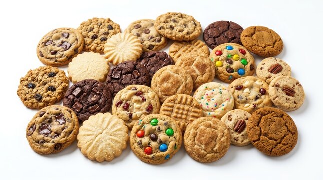 Assorted gourmet cookies collection, variety of chocolate chip and sugar biscuits, sweet bakery snacks on white background, delicious dessert platter