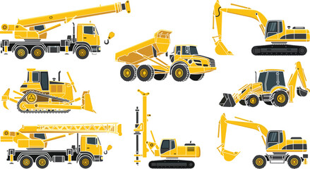 Construction Vehicle Vector Set with Cranes, Dump Trucks, Bulldozers, Excavators, Backhoes, and Heavy Machinery for Industrial, Engineering, and Construction Illustrations. © Sanjida