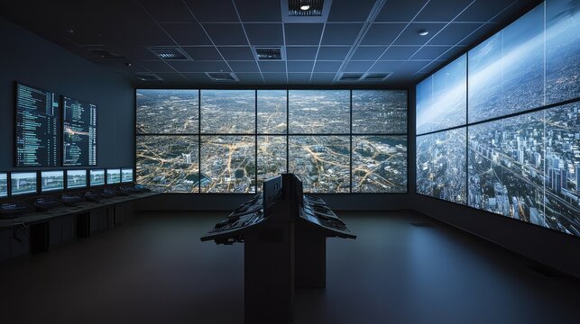 Modern control room featuring multiple large screens displaying urban landscapes, infrastructure, and complex data feeds, facilitating real time surveillance and advanced analytics