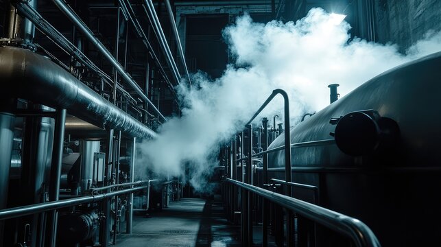 Large industrial facility interior featuring heavy machinery, complex pipe systems, and a significant amount of steam creating a dramatic and atmospheric scene of energy and production