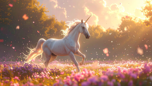 Majestic unicorn running in floral field
