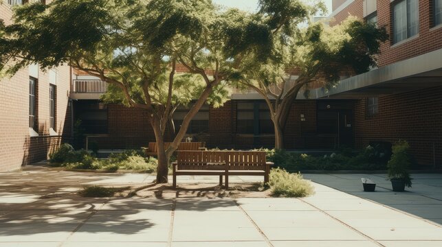 Campus courtyard providing an oasis of calm with shade trees and wooden benches, creating an inviting space for relaxation or study amidst brick architecture