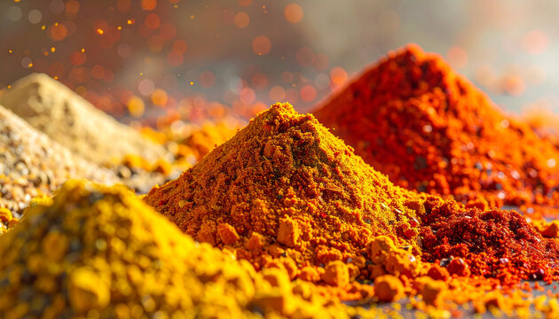 Vibrant spice powder piles closeup for culinary and food industry