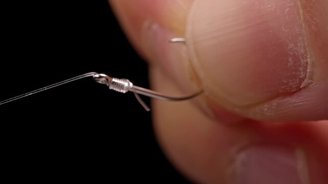 Fingers Holding Fishing Hook with Transparent Line and Tight Knot, Extreme Macro Close Up on Black Background, Slow Motion Precision Work and Manual Skill