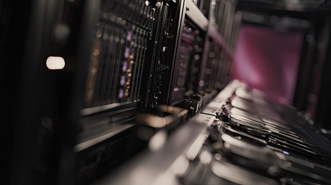 Server rack filled with hard drives and network cables connecting various components, showcasing modern information technology infrastructure for cloud computing and data storage