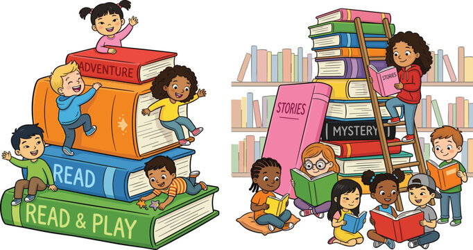 Children Reading and Playing Around Colorful Books Stack with Themes like Adventure, Stories, and Mystery for Educational Illustrations, Library Designs, and Kids&rsquo; Content.