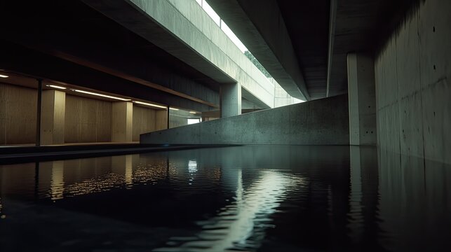 Brutalist concrete underpass with geometric forms and calm mirror like water reflecting ambient light, minimalist urban scene of shadowed lines, texture and empty passageway