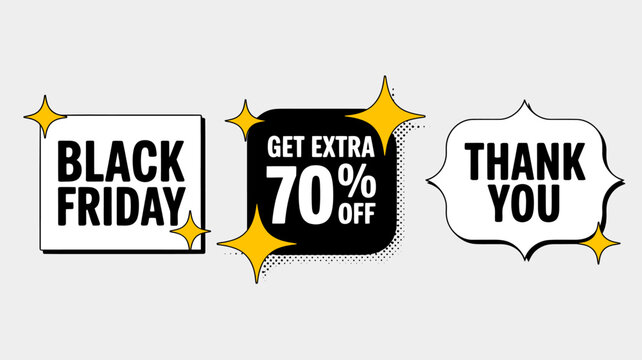Black Friday sale discount labels and badges with stars and text