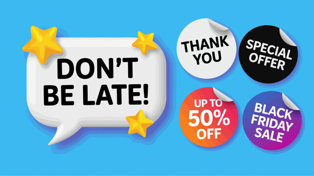 Colorful stickers with business messages on blue background  advertising discounts