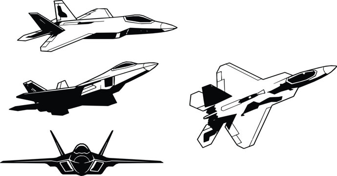 Modern military fighter jet aircraft silhouettes set featuring stealth tactical aviation designs for aerospace defense technology and air force combat mission graphics concepts.