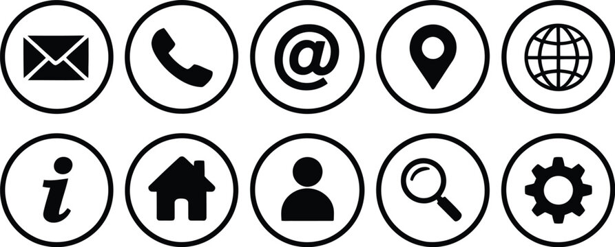 Web contact symbols icon set, email phone chat and location icons in modern minimalist line art for website communication tools and customer support systems.