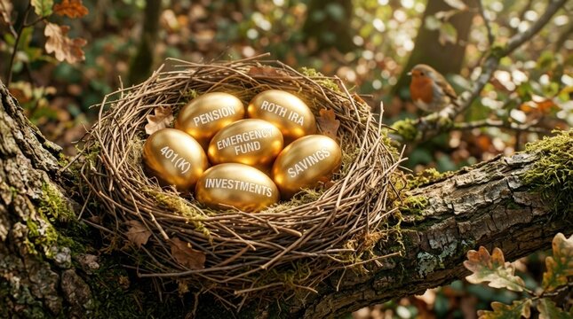 Golden eggs labeled with financial terms in a nest on a tree branch