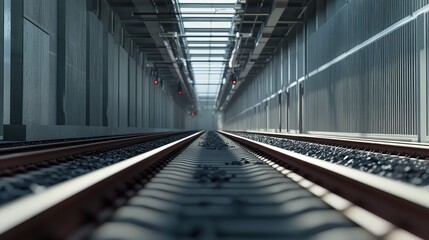 Fototapeta premium Modern railway tracks stretch through a metallic tunnel with perfect symmetry and glowing signal lights, creating a strong industrial and urban perspective