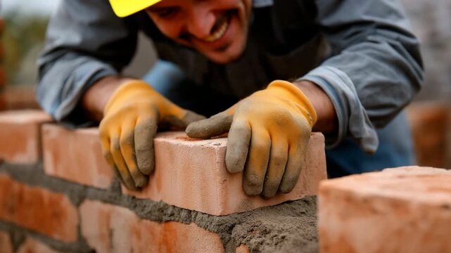 Tracking shot of construction worker laying brick by hand on mortar wall at building site during daytime focused masonry action