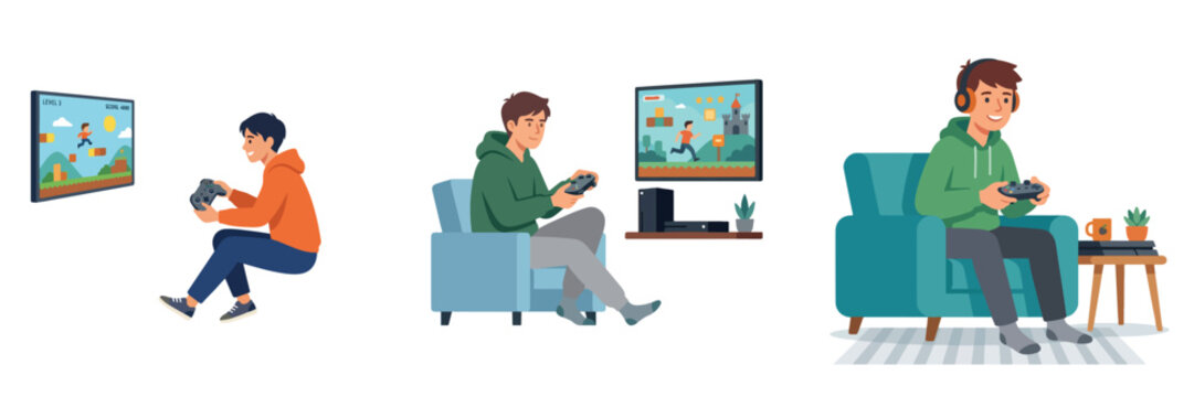 Flat vector illustration of an individual playing video games with a controller, modern minimal style, no outline, white background