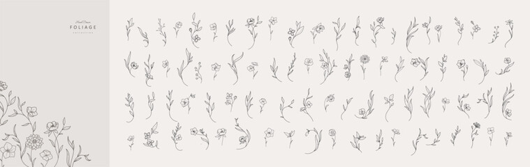 Fototapeta premium Set of whimsical curvy flowers. Luxury floral collection for wedding invitation, wallpaper art or save the date card. Botanical vector