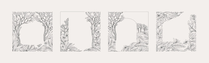 Detailed frame illustrated with landscape and floral elements. Luxury elegant brochure for wedding invitation, wallpaper art or save the date card. Editable stroke © merfin