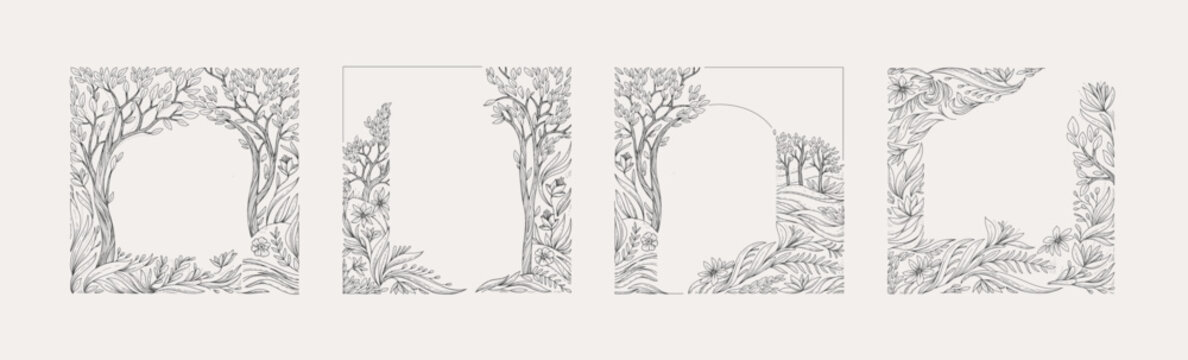 Detailed frame illustrated with landscape and floral elements. Luxury elegant brochure for wedding invitation, wallpaper art or save the date card. Editable stroke