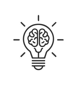 Creative idea flat line icon. Brain in lightbulb vector illustration. Thin sign of innovation, solution, education logo