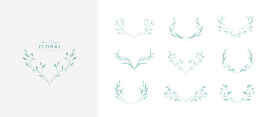 Set of whimsical floral design elements. Botanic frame, corner and borders . Leaves and branches print for social media, packaging or wedding greeting card. Vector © merfin